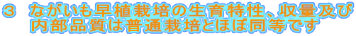 ３　ながいも早植栽培の生育特性、収量及び　　内部品質は普通栽培とほぼ同じです